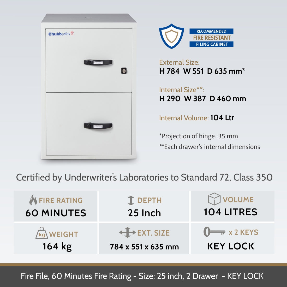 Chubbsafes Fire File 60 Filing Cabinet 2 DRAWER key lock