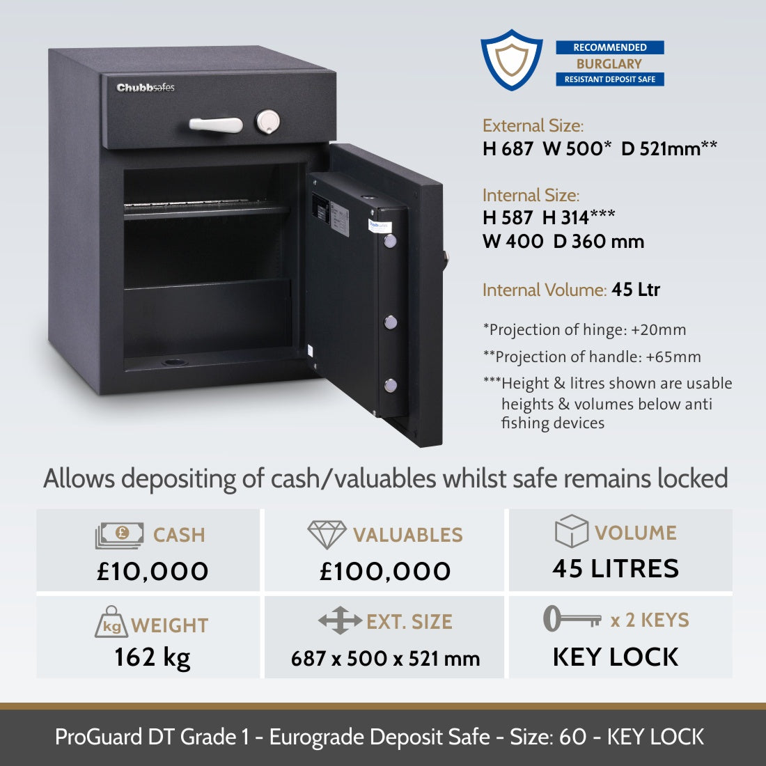 Chubbsafes, ProGuard DT Grade 1 Deposit Safe - Size: 60K